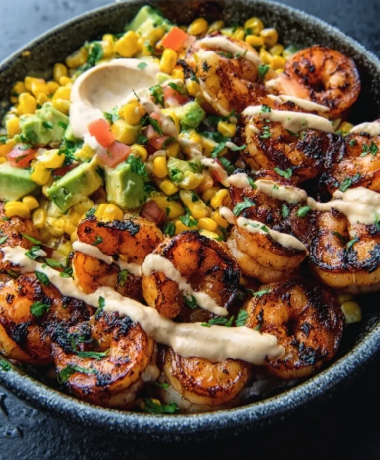Grilled Shrimp Bowl-Avocado Corn Salsa Creamy Garlic