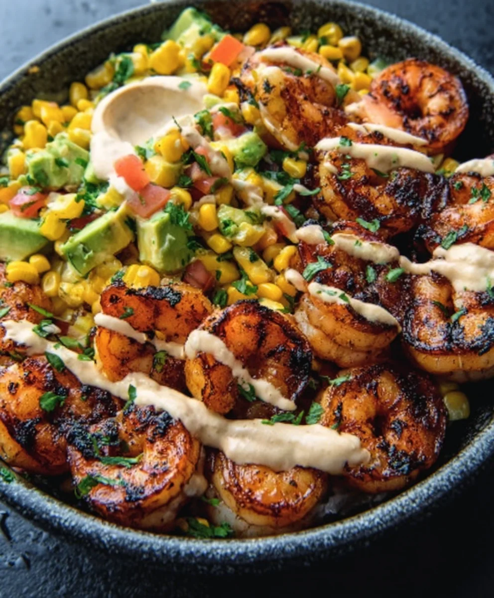 Grilled Shrimp Bowl-Avocado Corn Salsa Creamy Garlic