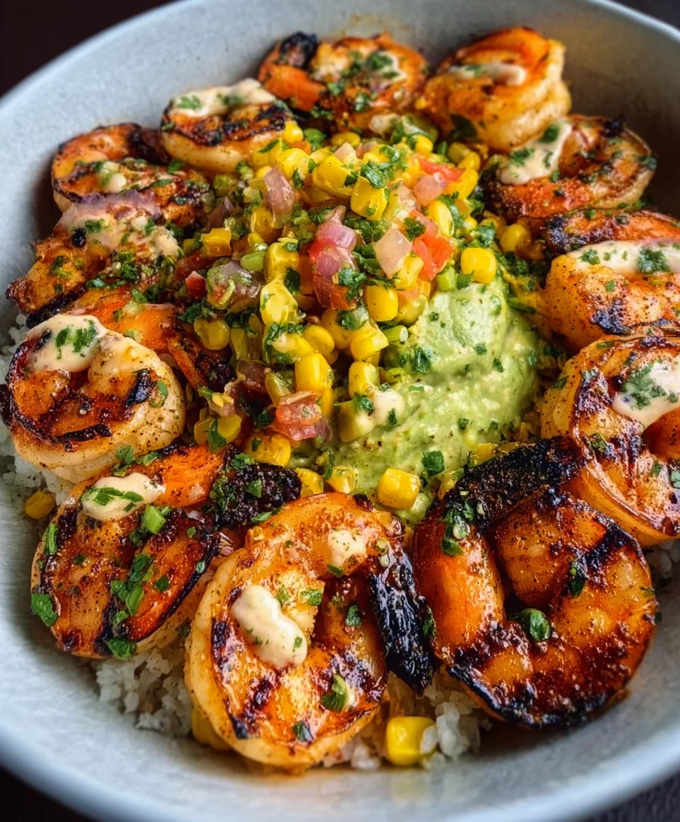 Grilled Shrimp Bowl-Avocado Corn Salsa Creamy Garlic
