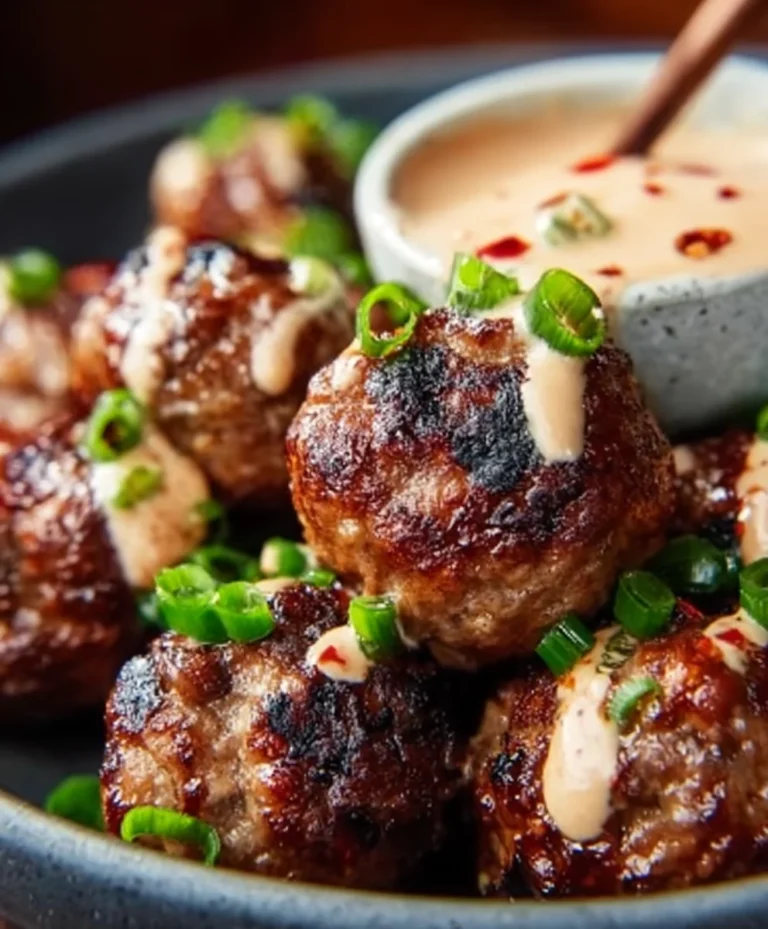 Korean BBQ Beef Meatballs Spicy Mayo Dip