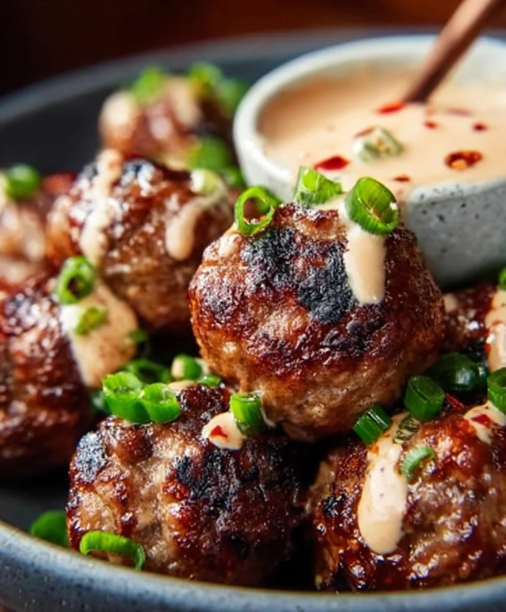 Korean BBQ Beef Meatballs Spicy Mayo Dip