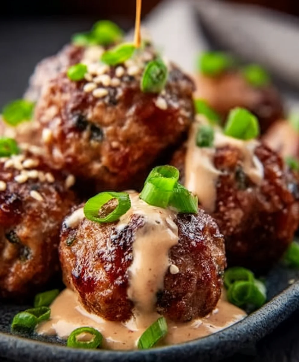 Korean BBQ Beef Meatballs Spicy Mayo Dip