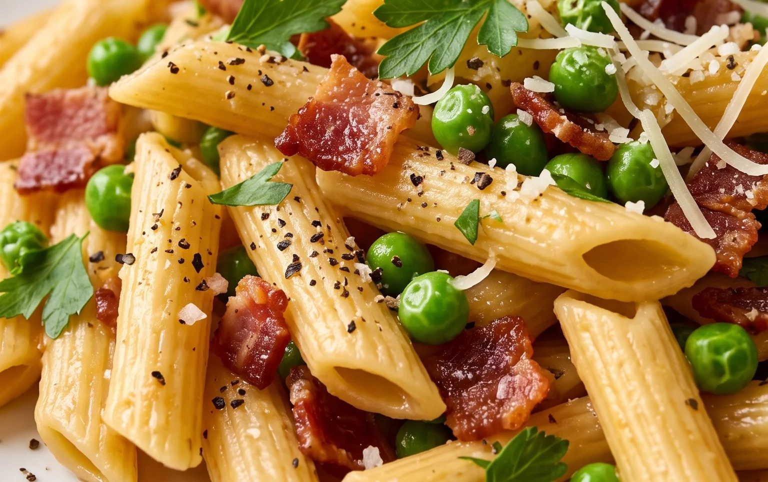 Penne Pasta, Peas and Beef Bacon