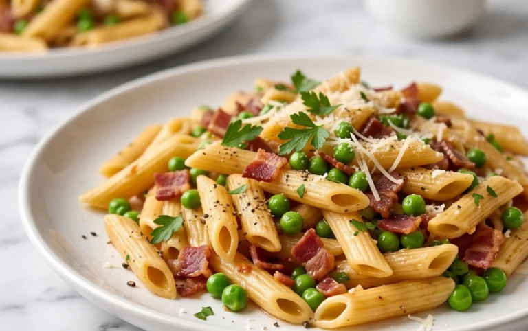 Penne Pasta, Peas and Beef Bacon
