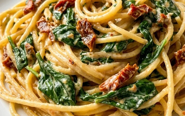 Spaghetti & Spinach with Sun-Dried Tomato Cream Sauce