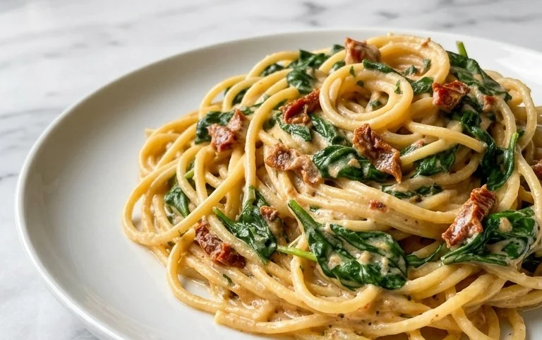 Spaghetti & Spinach with Sun-Dried Tomato Cream Sauce